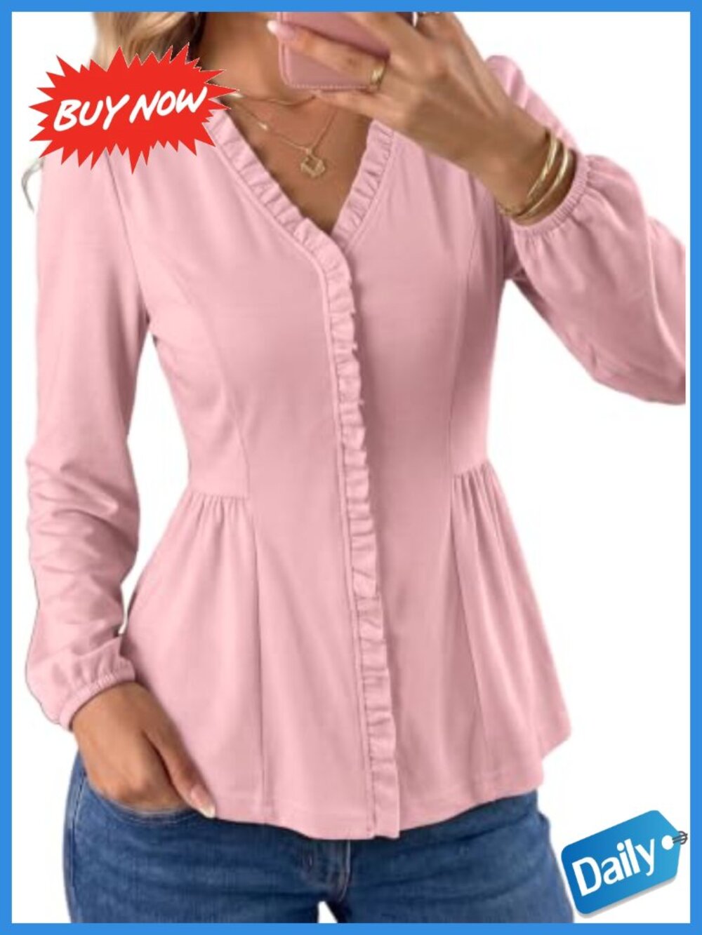 Womens Ruffle Trim V Neck Long Sleeve Peplum Blouse